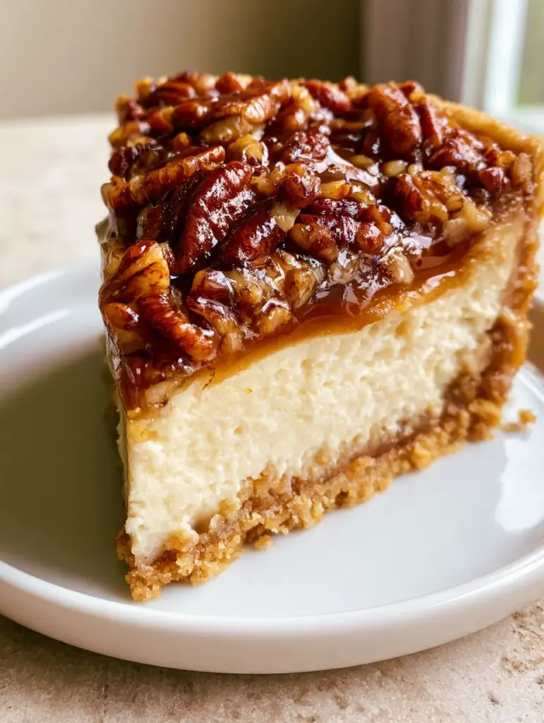 Pecan Cheesecake Pie with Dark Amber Caramel Glaze 1 Pecan Cheesecake Pie topped with toasted whole pecans and chopped pieces in a thick caramel glaze.
