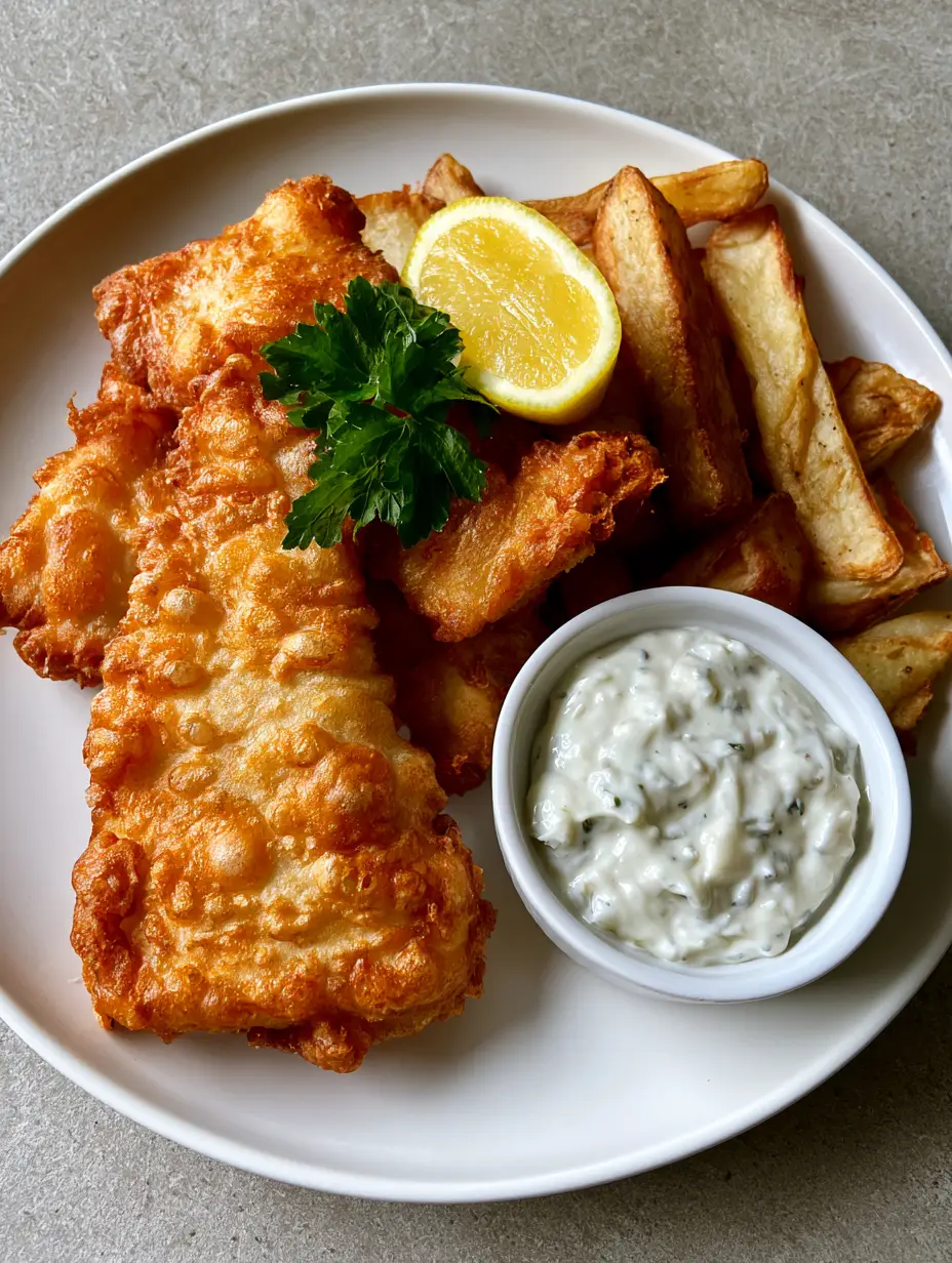 Crispy Fish and Chips: The Ultimate Golden Battered Recipe 4 Top-down view of Crispy Fish and Chips featuring thick-cut chips and a ramekin of herb-flecked tartar sauce on a gray stone background.