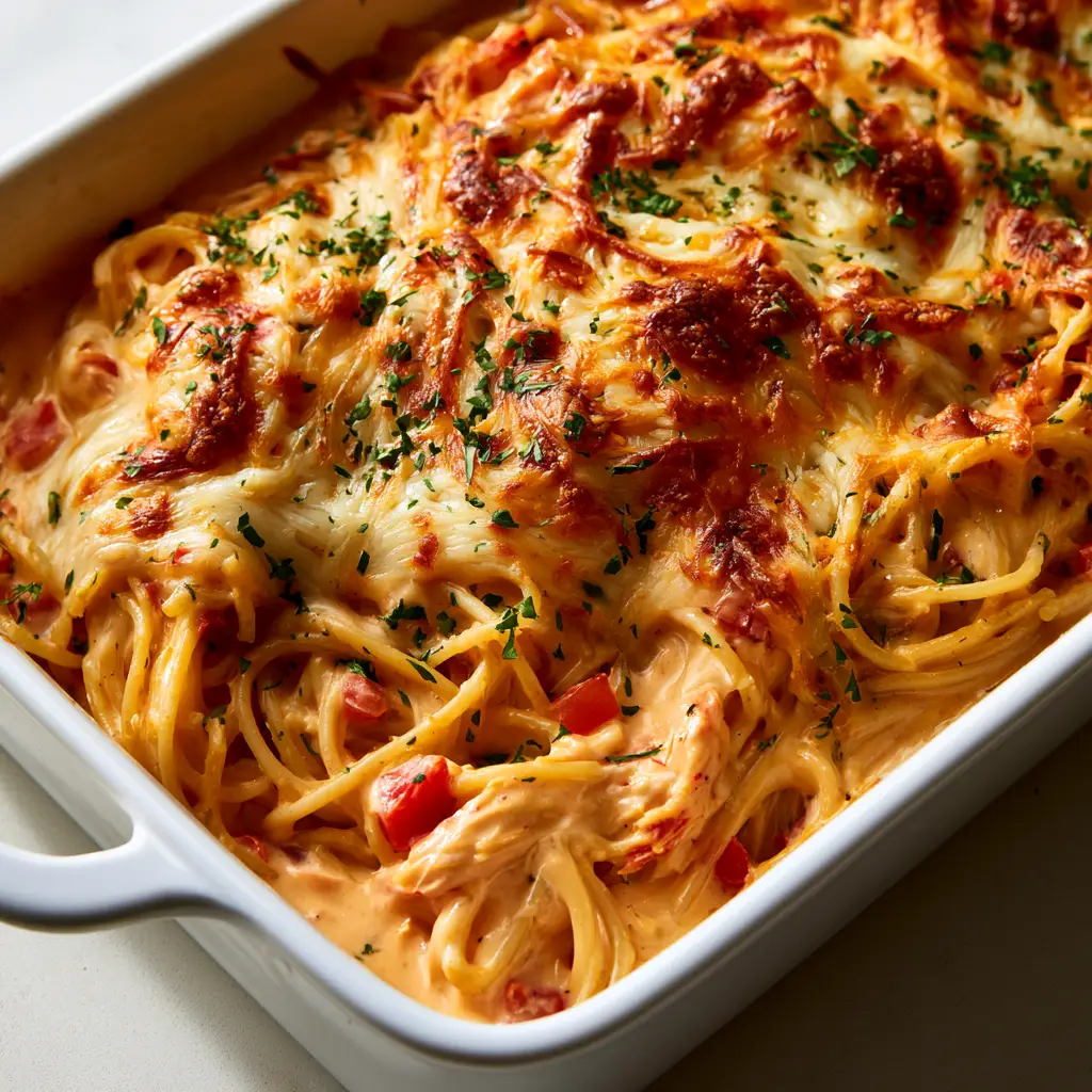 Chicken Spaghetti Casserole: The Ultimate Cheesy Comfort Food 1 The bubbly mozzarella and cheddar cheese topping of a Chicken Spaghetti Casserole, showing distinct golden-brown patches and fresh parsley.