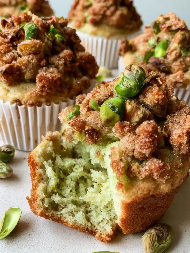 Pistachio Crunch Muffins with Golden Streusel Topping 1 Close up of the chunky golden-brown streusel topping on Pistachio Crunch Muffins.