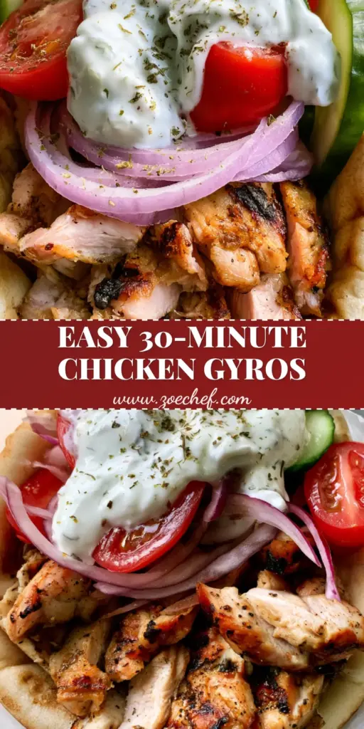 Greek Chicken Gyros with Creamy Tzatziki and Charred Pita 4 A handheld Greek Chicken Gyro wrapped in white parchment paper with visible grilled chicken, cucumber, tomatoes, and dill-flecked tzatziki.