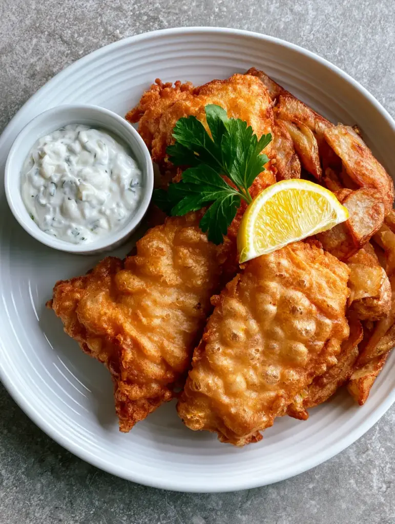 Crispy Fish and Chips: The Ultimate Golden Battered Recipe 1 Detailed view of the craggy and bubbly texture of the golden-brown fish batter in this Crispy Fish and Chips recipe.