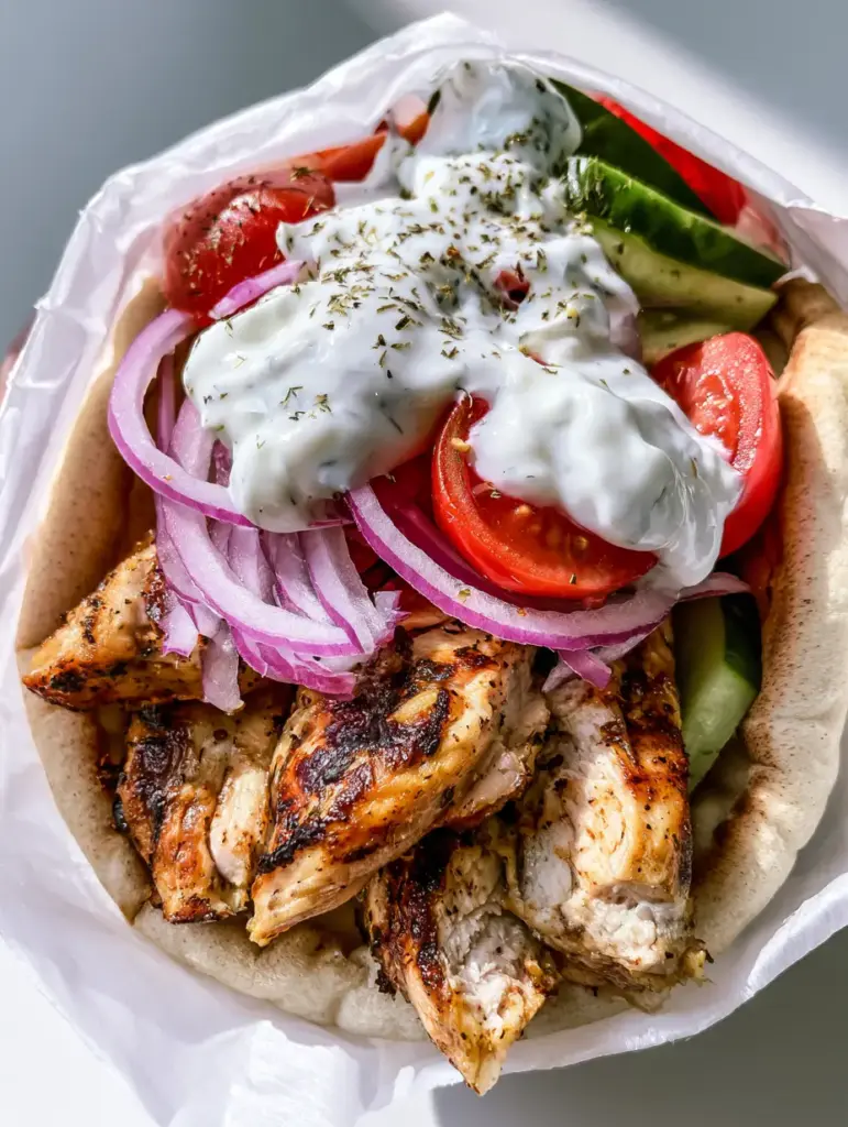 Close-up of Greek Chicken Gyros showing char marks on the chicken and creamy tzatziki sauce.