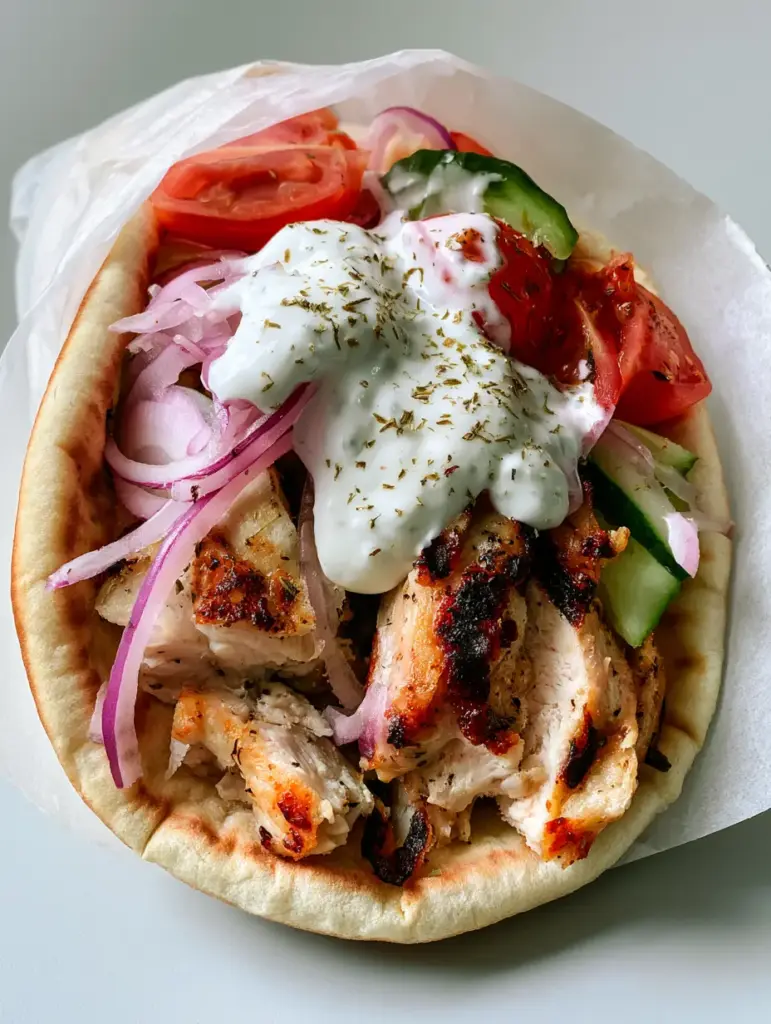 Greek Chicken Gyros with Creamy Tzatziki and Charred Pita 1 Greek Chicken Gyros with sliced red onions, cucumbers, and halved cherry tomatoes in a soft pita.