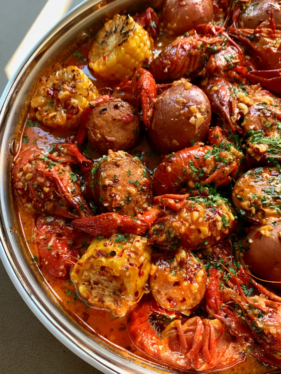 Top-down view of a silver pot with crawfish, charred corn, and sausage in a thick Seafood Boil Butter Sauce.