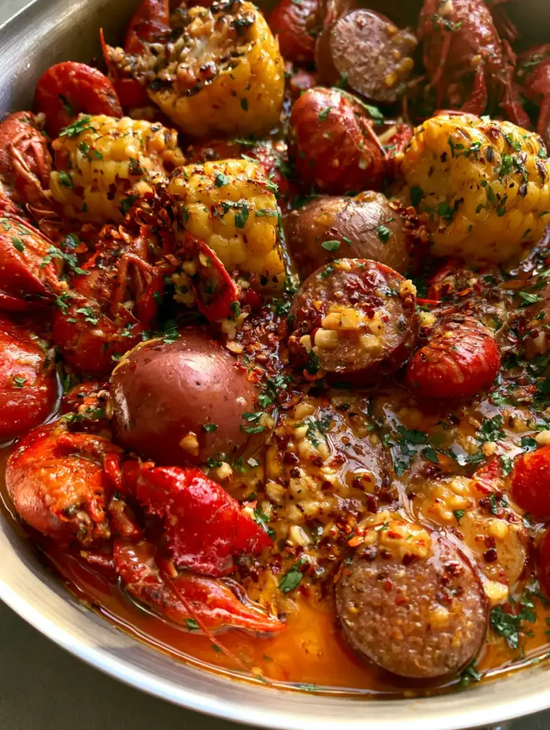 Overhead view showing the glossy texture and minced garlic bits of the Seafood Boil Butter Sauce.