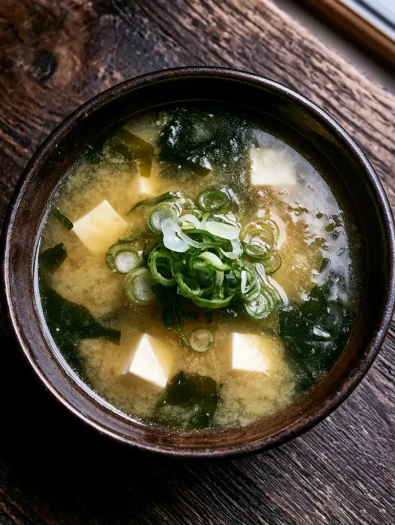 Authentic Miso Soup Recipe: The Secret to Perfect Japanese Umami 1 Overhead view of a traditional miso soup bowl on a rustic wooden table.