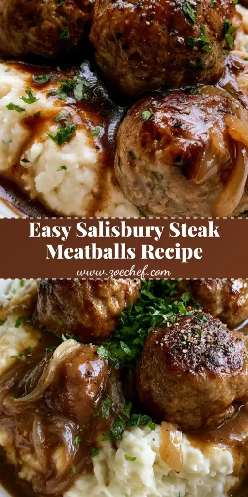 A rustic bowl of Salisbury Steak Meatballs over creamy mashed potatoes with thick onion gravy and parsley.