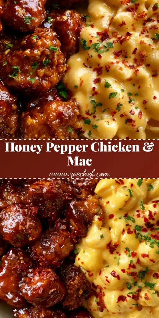 Honey Pepper Chicken Mac and Cheese: The Ultimate Crispy & Creamy Comfort Bowl 4 A top-down view of Honey Pepper Chicken Mac and Cheese in a white bowl with crispy glazed chicken on the left and creamy shell pasta on the right.