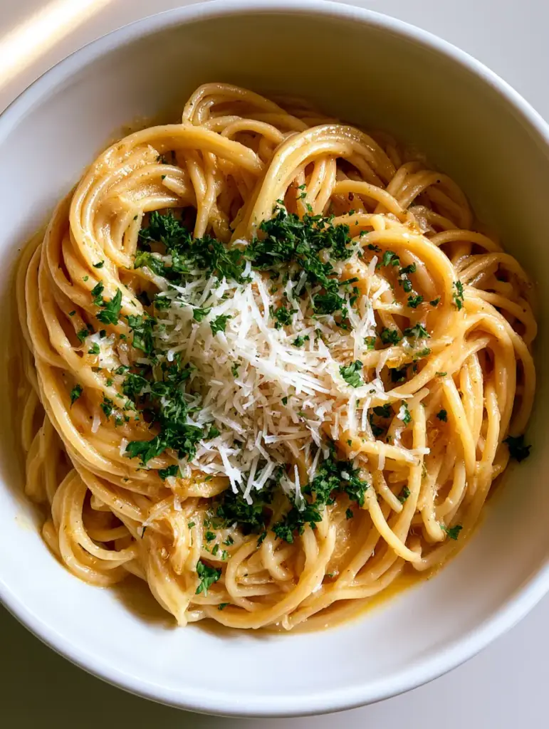 Close up of al dente spaghetti noodles thoroughly coated in a silky garlic butter sauce with melting parmesan cheese.