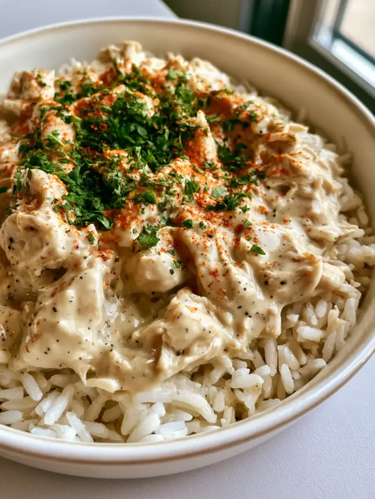 Rustic smartphone photo of creamy Angel Chicken and Rice featuring shredded chicken and black pepper specks.