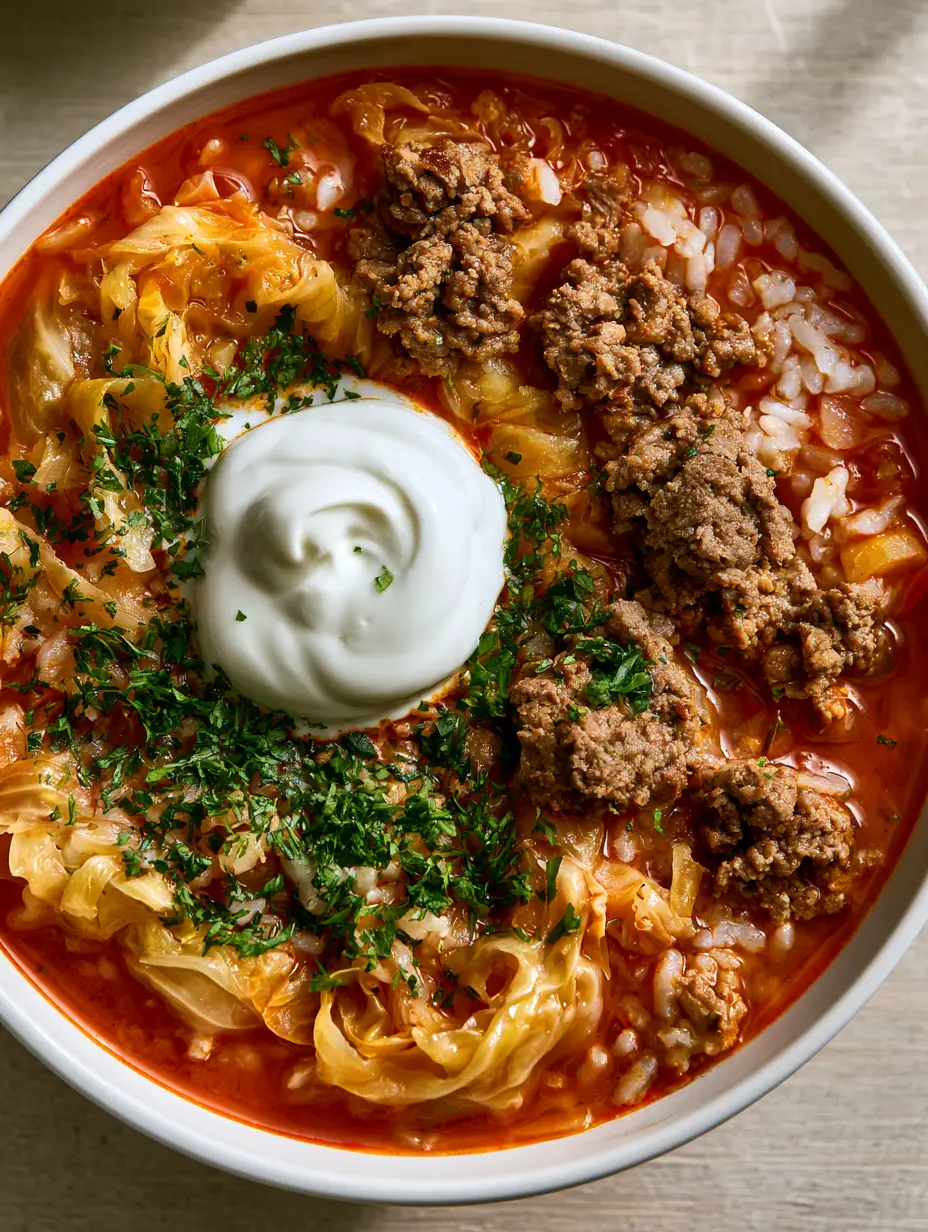 Polish Stuffed Cabbage Soup: The Ultimate Lazy Gołąbki Recipe 4 Overhead view of Polish Stuffed Cabbage Soup with visible rice grains and tender cabbage ribbons in a rich tomato broth.