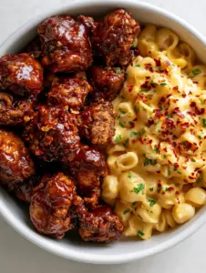 Close-up of crispy fried chicken chunks coated in a glossy dark reddish-brown honey pepper glaze next to creamy shells. (Honey Pepper Chicken Mac and Cheese)