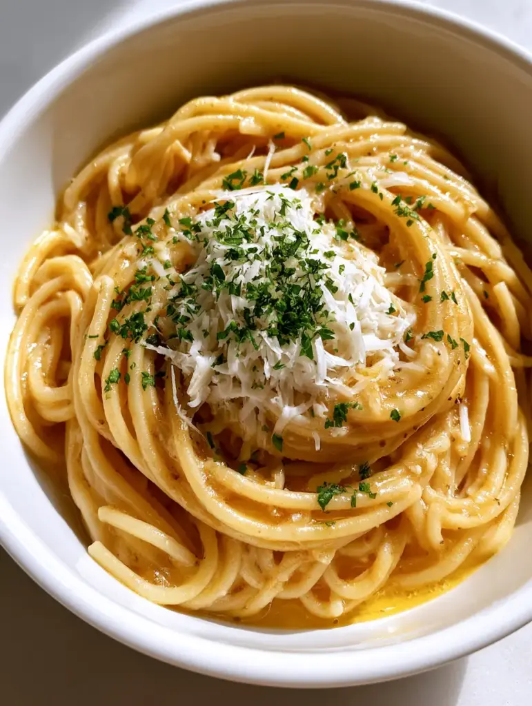 Garlic Butter Pasta: The Easiest 15-Minute Silky Spaghetti Recipe 1 Top-down view of Garlic Butter Pasta in a white bowl showing the heavy green parsley garnish and golden hue.