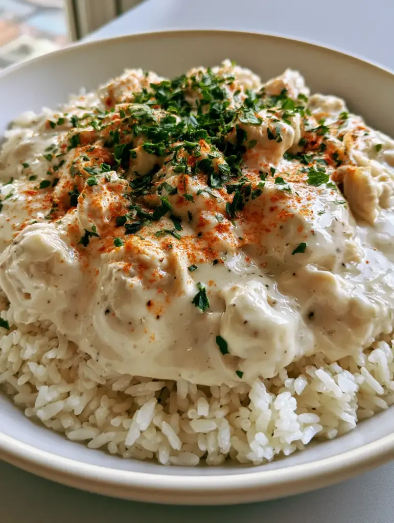 Angel Chicken and Rice: The Ultimate Creamy Comfort Food Recipe 1 Close up of the texture of shredded chicken in glossy white gravy for Angel Chicken and Rice.