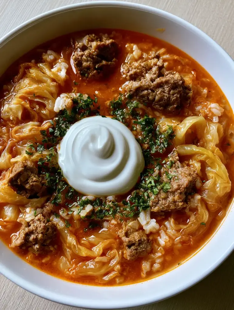Polish Stuffed Cabbage Soup: The Ultimate Lazy Gołąbki Recipe 1 Detailed shot of a white ceramic bowl filled with unstuffed cabbage soup, highlighting the sour cream dollop and fresh parsley.
