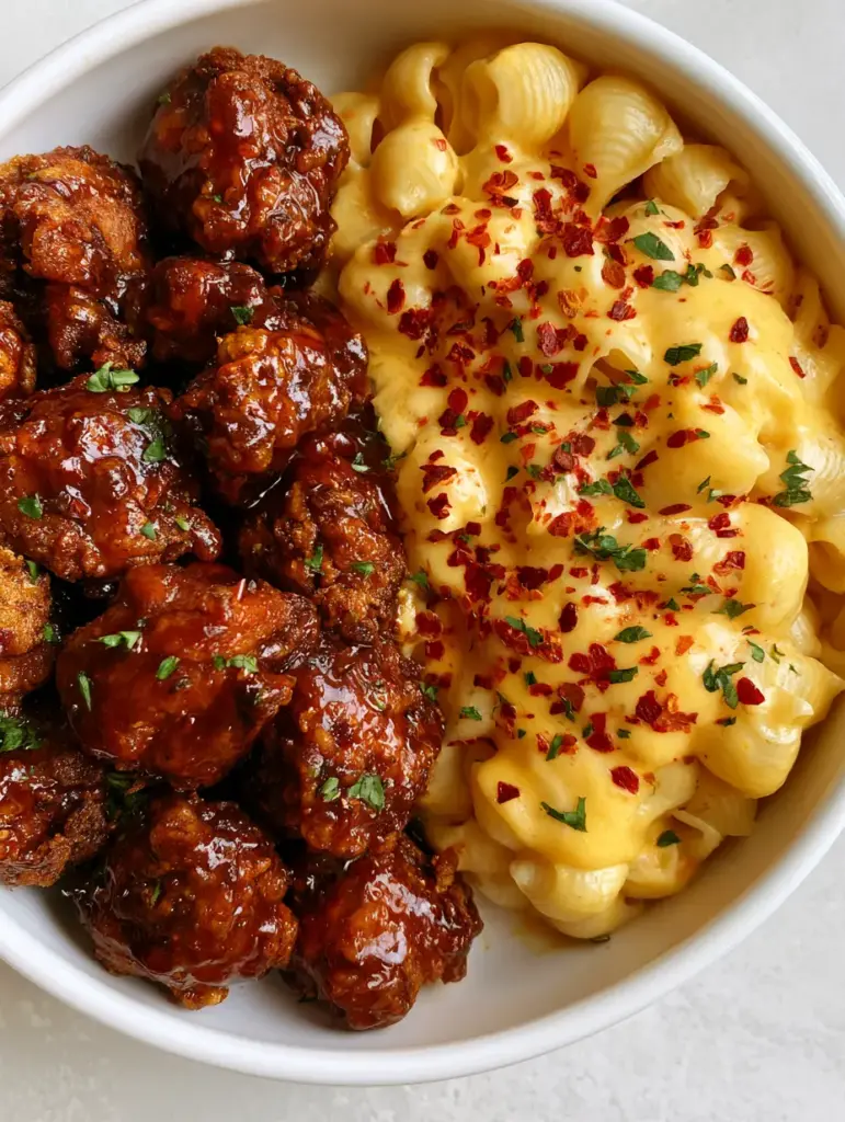 Honey Pepper Chicken Mac and Cheese: The Ultimate Crispy & Creamy Comfort Bowl 1 Top-down shot showing the perfect split between spicy honey pepper chicken and golden cheddar mac and cheese.