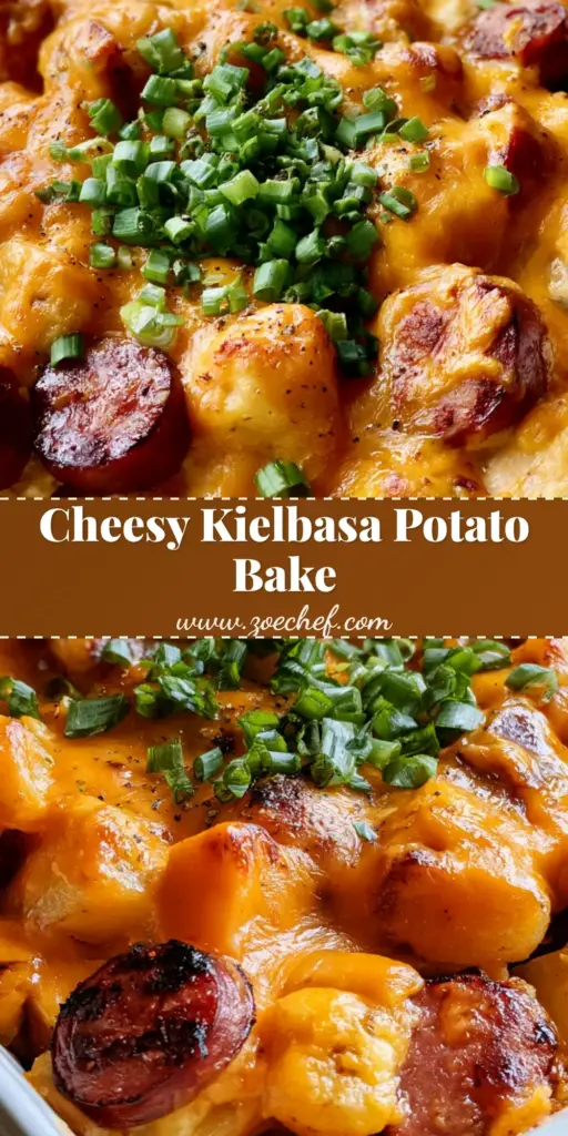 Kielbasa Potato Casserole: The Ultimate Cheesy Comfort Food 3 A bubbling Kielbasa Potato Casserole in a white ceramic dish featuring melted orange cheddar and fresh green onions.