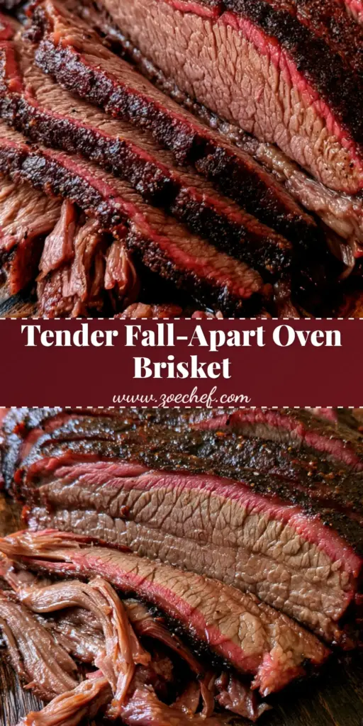Oven Baked Beef Brisket: The Ultimate Texas-Style Tender Recipe 3 A high-angle close-up shot of sliced Texas Oven Baked Beef Brisket arranged on a weathered wood board, showing a pink smoke ring and black pepper bark.