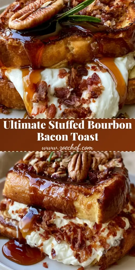A stack of Bourbon Maple Bacon Stuffed French Toast with glossy syrup, bacon bits, and toasted pecans on a white plate.