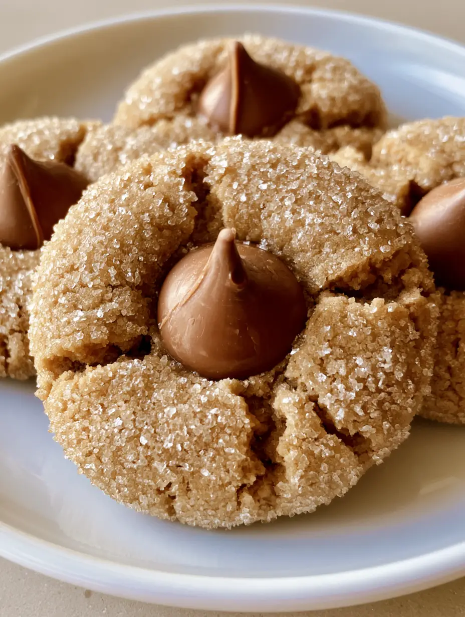 Peanut Butter Blossoms: The Softest, Most Iconic Cookie Recipe 3 Close-up handheld photo of homemade Peanut Butter Blossoms on a white plate with sparkling sugar crystals.