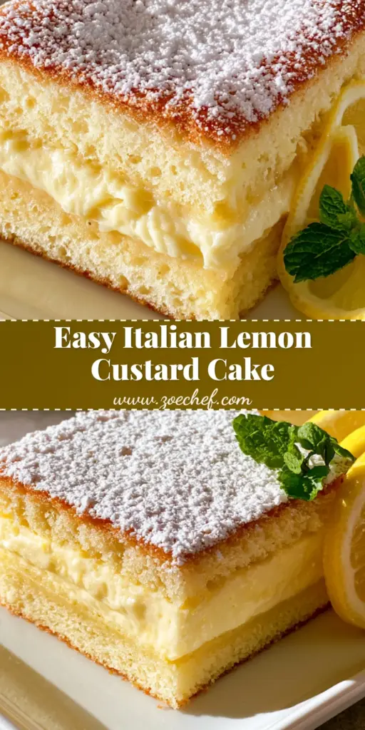 A handheld photo of a square slice of Italian Lemon Custard Cake featuring a dense sponge base, a thick lemon custard layer, and a golden top, dusted with powdered sugar and garnished with mint.