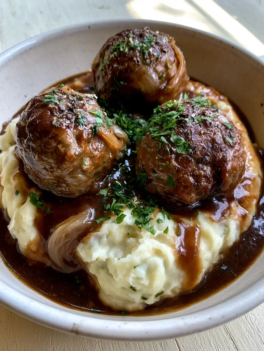 Close up photo of seared Salisbury Steak Meatballs submerged in glossy dark brown onion gravy.