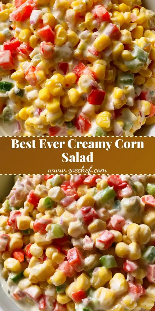 Creamy Corn Salad: The Ultimate Crisp & Refreshing Summer Side Dish 4 A top-down view of a vibrant Creamy Corn Salad in a white bowl, showing yellow corn, red and green peppers, and a glossy white dressing.