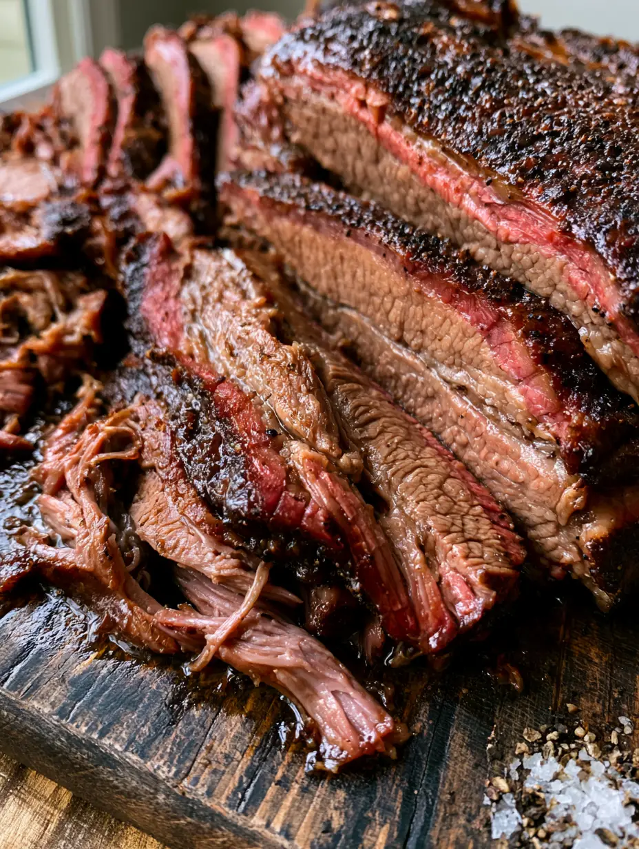 Oven Baked Beef Brisket: The Ultimate Texas-Style Tender Recipe 4 Close-up of moist and glistening fibers of an Oven Baked Beef Brisket with a visible pink smoke ring.