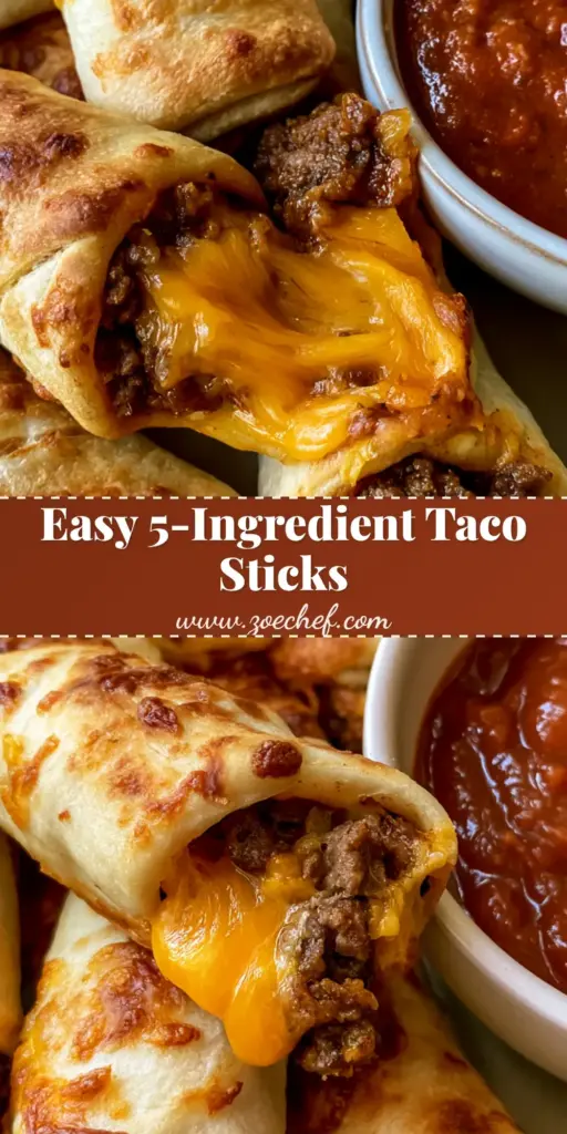 Cheesy Taco Sticks: The Ultimate 30-Minute Stuffed Pizza Dough Snack 4 A vertical Pin image showing golden-brown Cheesy Taco Sticks with a visible cheese pull, served with a side of chunky red taco sauce.