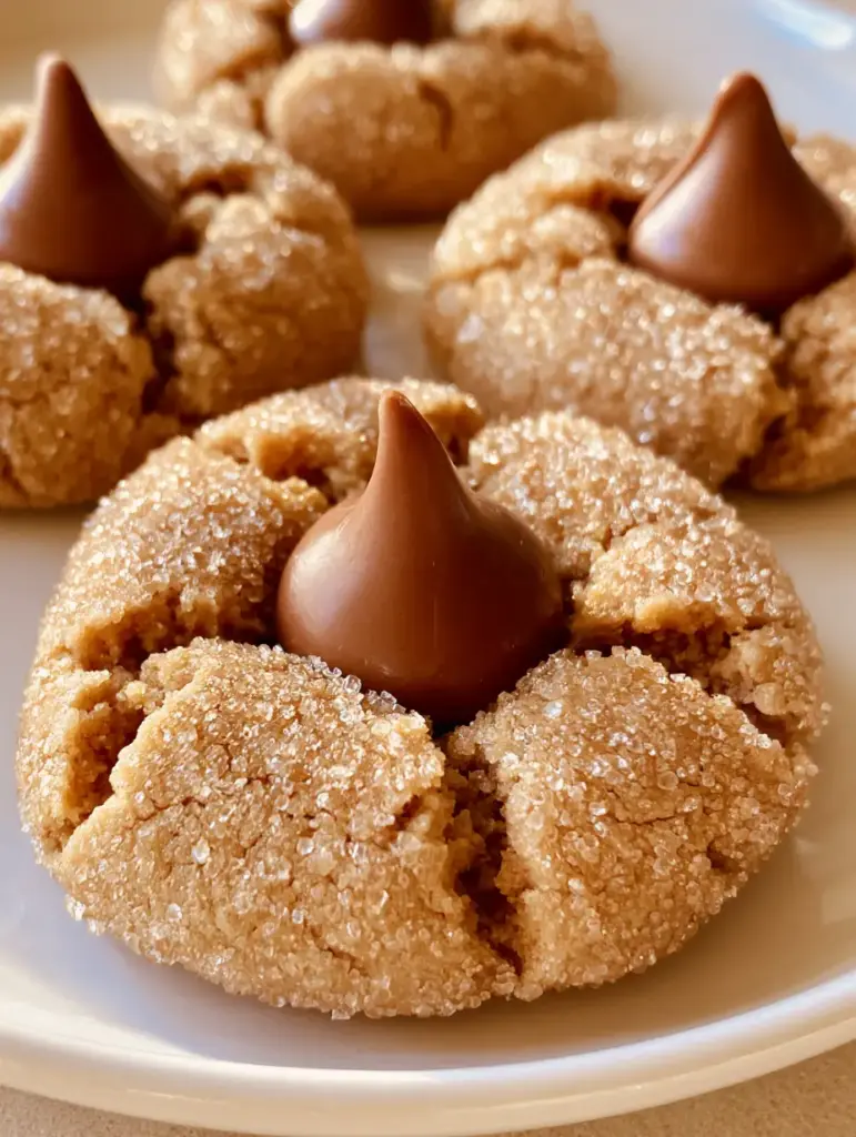 Peanut Butter Blossoms: The Softest, Most Iconic Cookie Recipe 1 Top-down view of Peanut Butter Blossoms with golden-brown edges and a smooth milk chocolate kiss candy center.