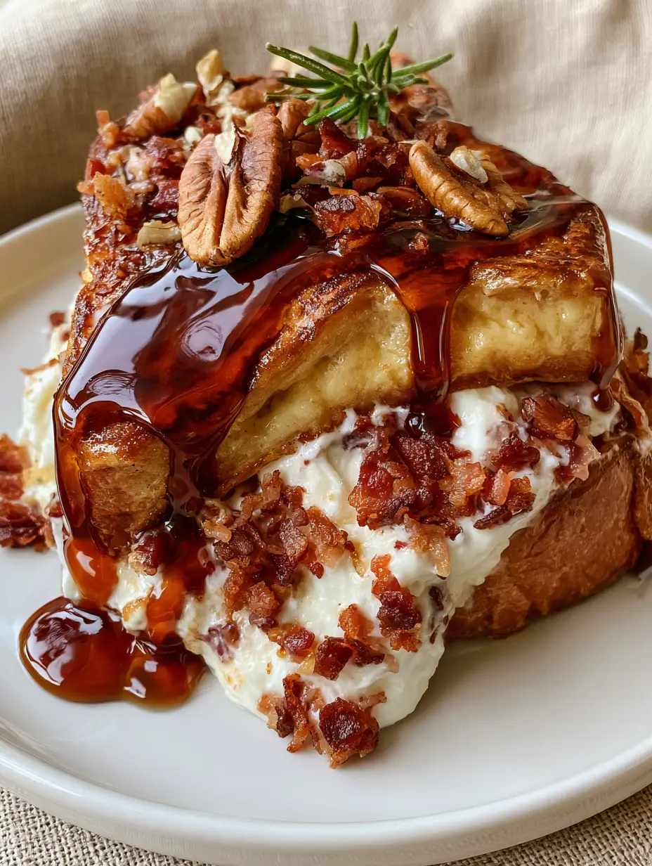 Close-up of golden brown pan-fried brioche showing the creamy mascarpone filling and crispy bacon crumbles. (Bourbon Maple Bacon Stuffed French Toast)
