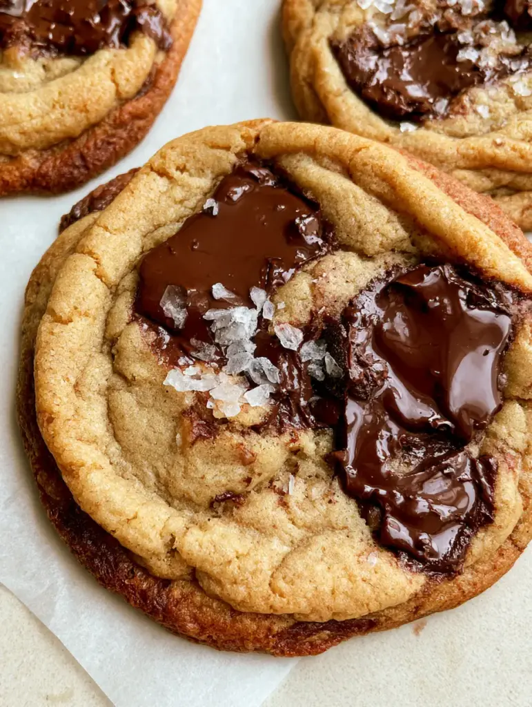 Close-up photo of Brown Butter Chocolate Chip Cookies on white parchment paper featuring rippled dough and glossy chocolate pools.