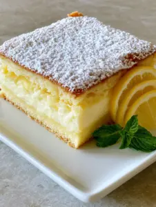 Close-up of Italian Lemon Custard Cake on a white ceramic plate, showcasing the creamy custard middle and golden baked top.