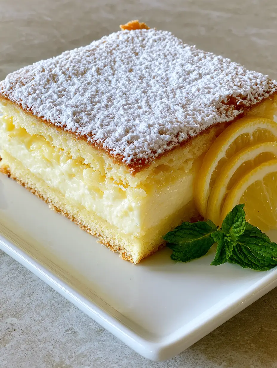 Close-up of Italian Lemon Custard Cake on a white ceramic plate, showcasing the creamy custard middle and golden baked top.