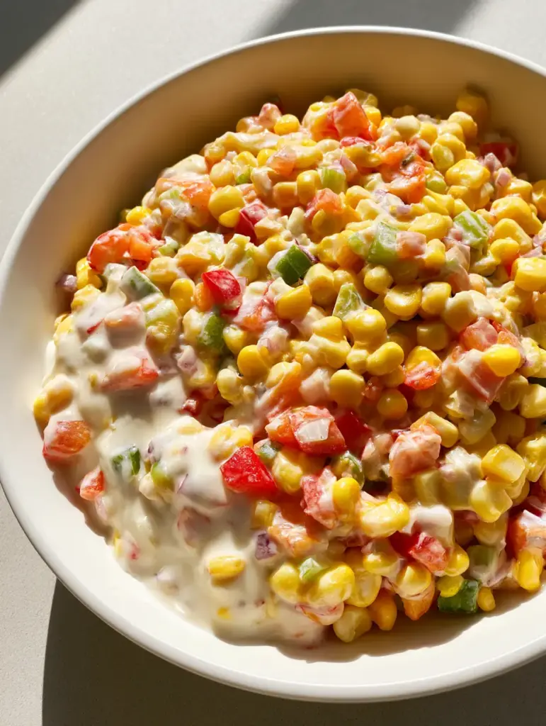Close-up of Creamy Corn Salad featuring sweet corn kernels, diced peppers, and celery in a thick white dressing. (Creamy Corn Salad)