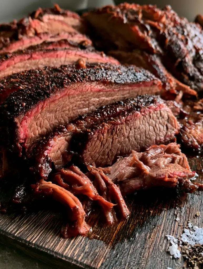 Oven Baked Beef Brisket: The Ultimate Texas-Style Tender Recipe 1 Sliced Oven Baked Beef Brisket on a dark wood cutting board with coarse sea salt and cracked black pepper.