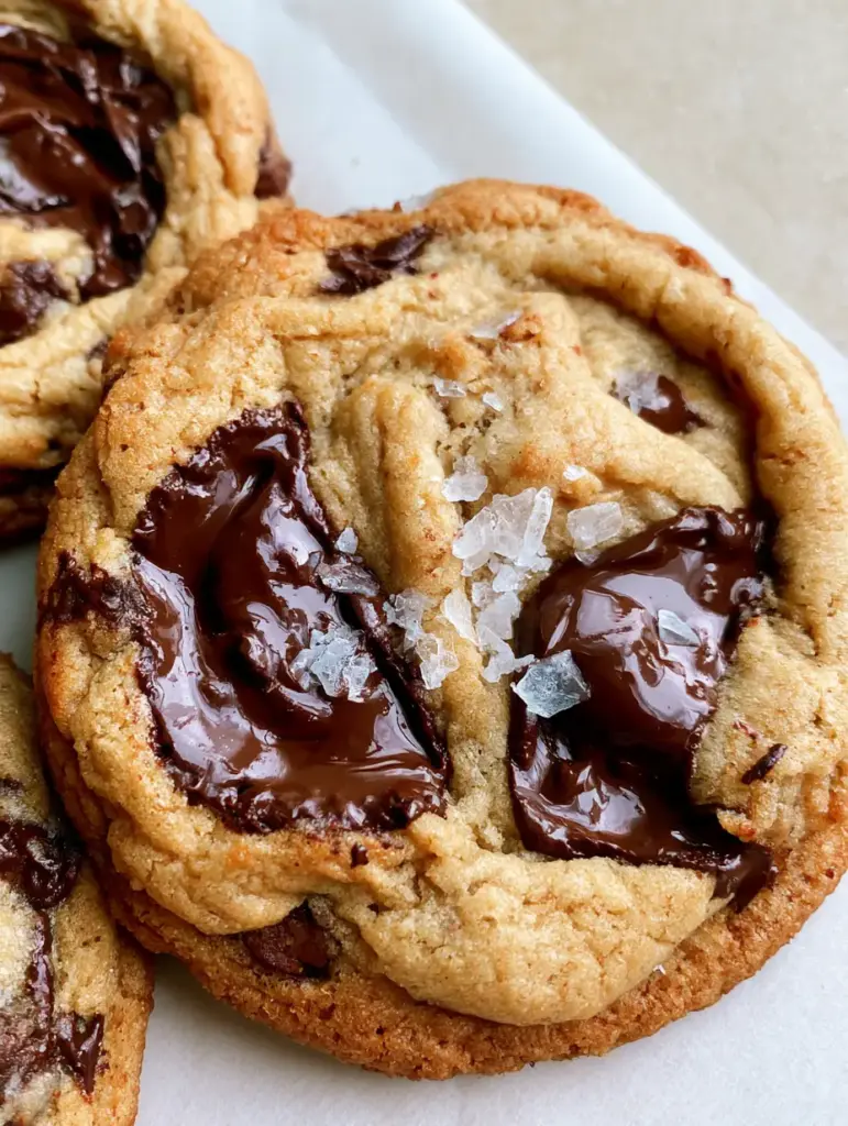 Brown Butter Chocolate Chip Cookies with Dark Chocolate Chunks 1 Top-down view of Brown Butter Chocolate Chip Cookies with dark chocolate chunks and coarse sea salt flakes.