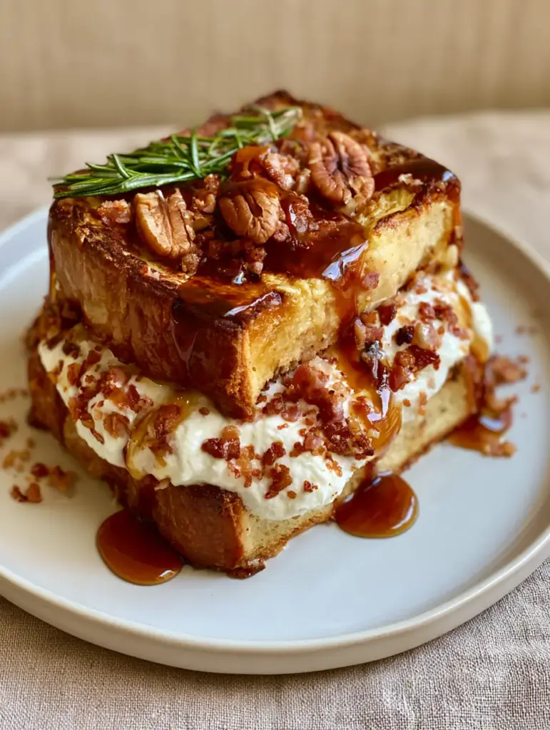 Drizzling dark amber bourbon maple syrup over toasted pecan halves and stuffed French toast.