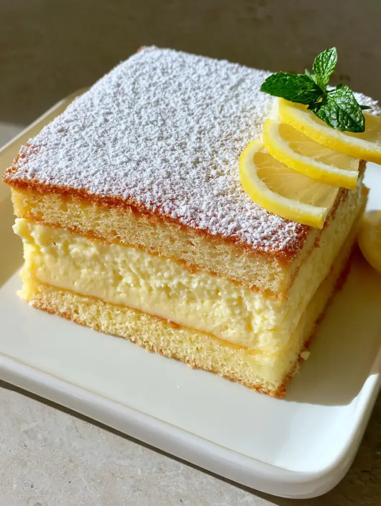 Square cut Italian Lemon Custard Cake heavily dusted with powdered sugar, served with fresh lemon slices and mint sprigs.