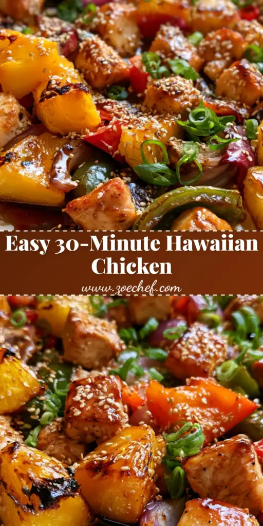 Hawaiian Chicken Sheet Pan with Glossy Teriyaki Glaze 3 A silver metal baking sheet lined with parchment paper featuring Hawaiian Chicken Sheet Pan with seared chicken cubes, charred pineapple chunks, and a thick glossy teriyaki glaze garnished with sesame seeds and scallions.