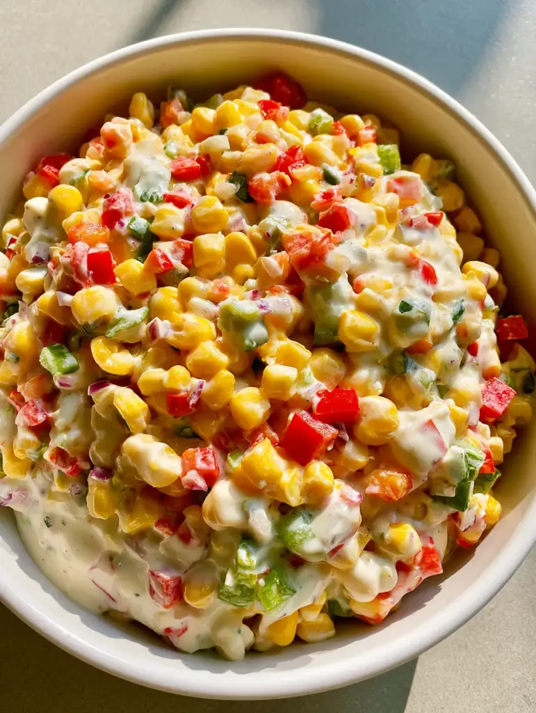 Creamy Corn Salad: The Ultimate Crisp & Refreshing Summer Side Dish 1 A top-down smartphone photo of Creamy Corn Salad in a ceramic bowl on a gray surface.