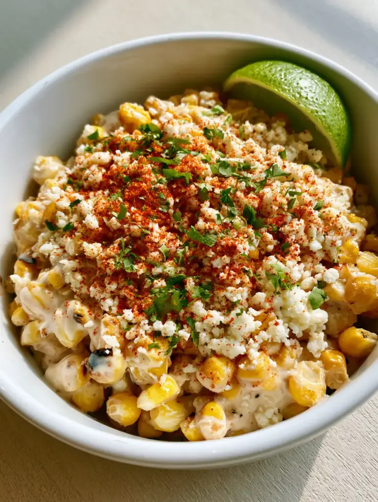Mexican Street Corn Recipe: The Ultimate Creamy and Charred Esquites 1 Top down shot of a white bowl filled with corn, topped with red chili powder and green cilantro.
