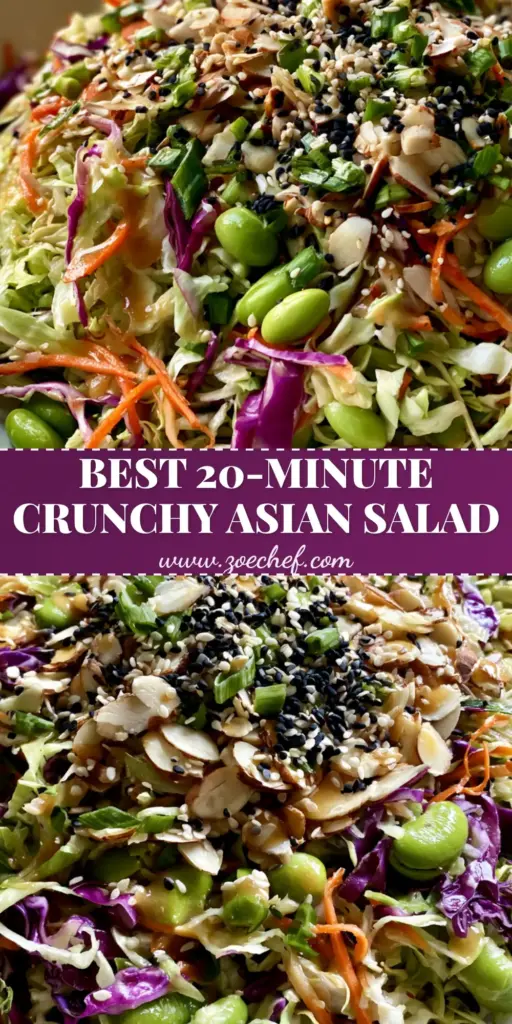 Crunchy Asian Cabbage Salad with Sesame Ginger Vinaigrette 4 A tall Pinterest pin image of a Crunchy Asian Cabbage Salad in a white bowl featuring vibrant purple cabbage, orange carrots, and green edamame.