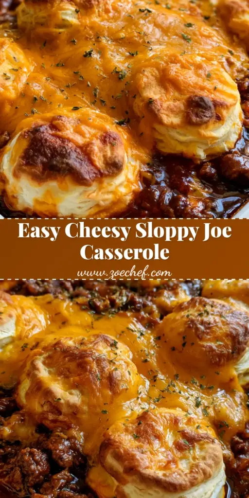 Sloppy Joe Biscuit Casserole: The Ultimate Flaky & Cheesy Family Bake 4 A close-up of Sloppy Joe Biscuit Casserole showing bubbly orange cheddar cheese over flaky golden-brown biscuits and thick ground beef sauce.