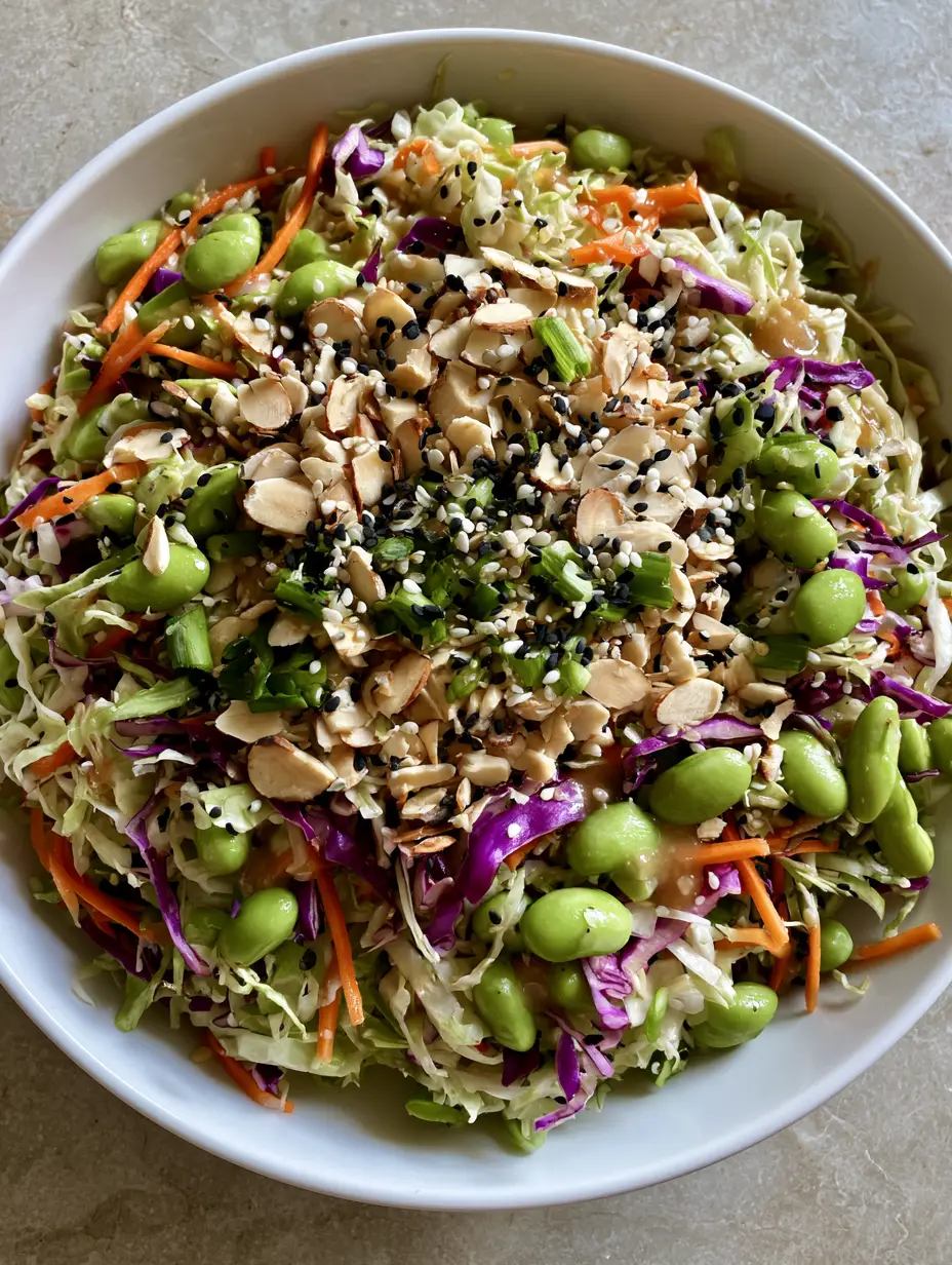 Crunchy Asian Cabbage Salad with Sesame Ginger Vinaigrette 3 Close-up of Crunchy Asian Cabbage Salad showing the glossy sesame ginger vinaigrette coating shredded cabbage and plump edamame.