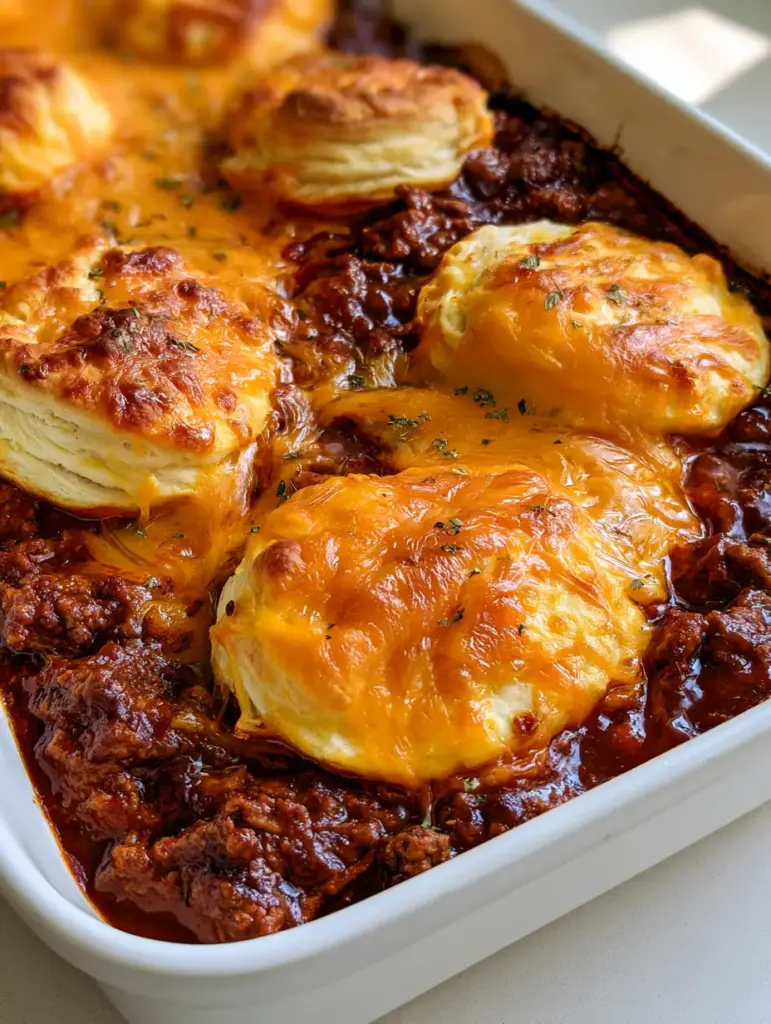 Sloppy Joe Biscuit Casserole: The Ultimate Flaky & Cheesy Family Bake 2 High angle shot of Sloppy Joe Biscuit Casserole in a white ceramic dish featuring toasted buttermilk biscuits and chunky meat sauce.
