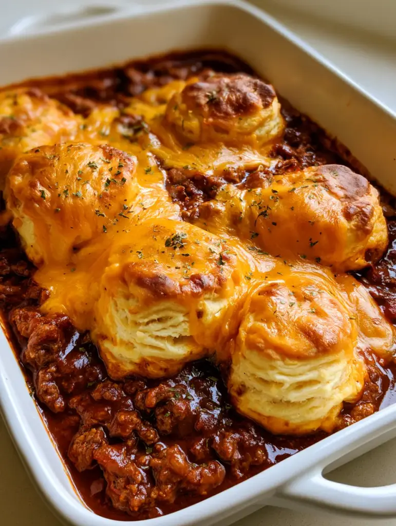 Sloppy Joe Biscuit Casserole: The Ultimate Flaky & Cheesy Family Bake 1 Close-up detail of Sloppy Joe Biscuit Casserole with melted orange cheese and green parsley flakes.