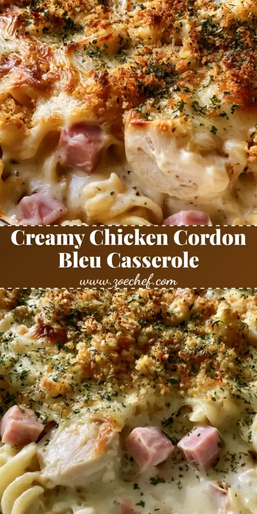 Chicken Cordon Bleu Casserole with Creamy Swiss Sauce 3 A close-up shot of Chicken Cordon Bleu Casserole with toasted panko, melted Swiss cheese, and parsley flakes in a white baking dish.