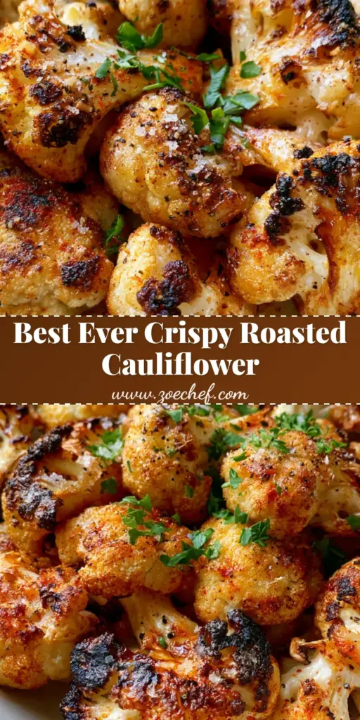 A shallow white bowl filled with glistening Crispy Roasted Cauliflower florets, showing dark charred edges, dusted with paprika and fresh parsley.